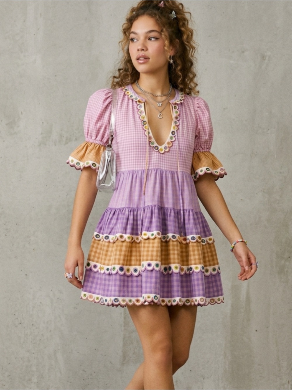 CELIA B Evian Ruffle Scolloped Mini  Size XS NWOT Pastel Plaid & Gingham